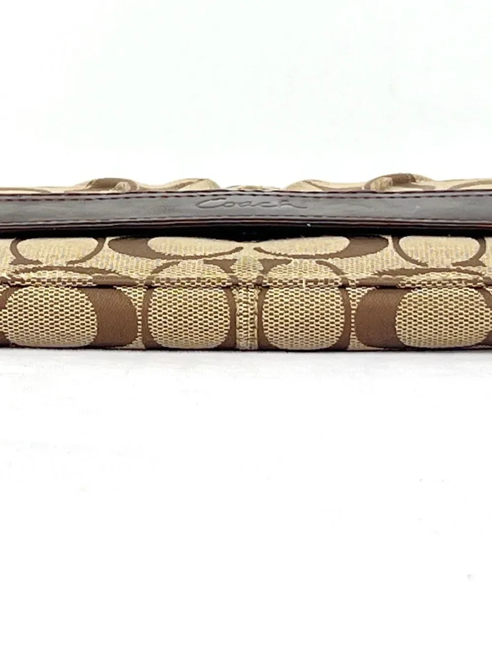 Coach Signature Canvas Khaki Jacquard Brown Leather Trifold Snap Closure Wallet